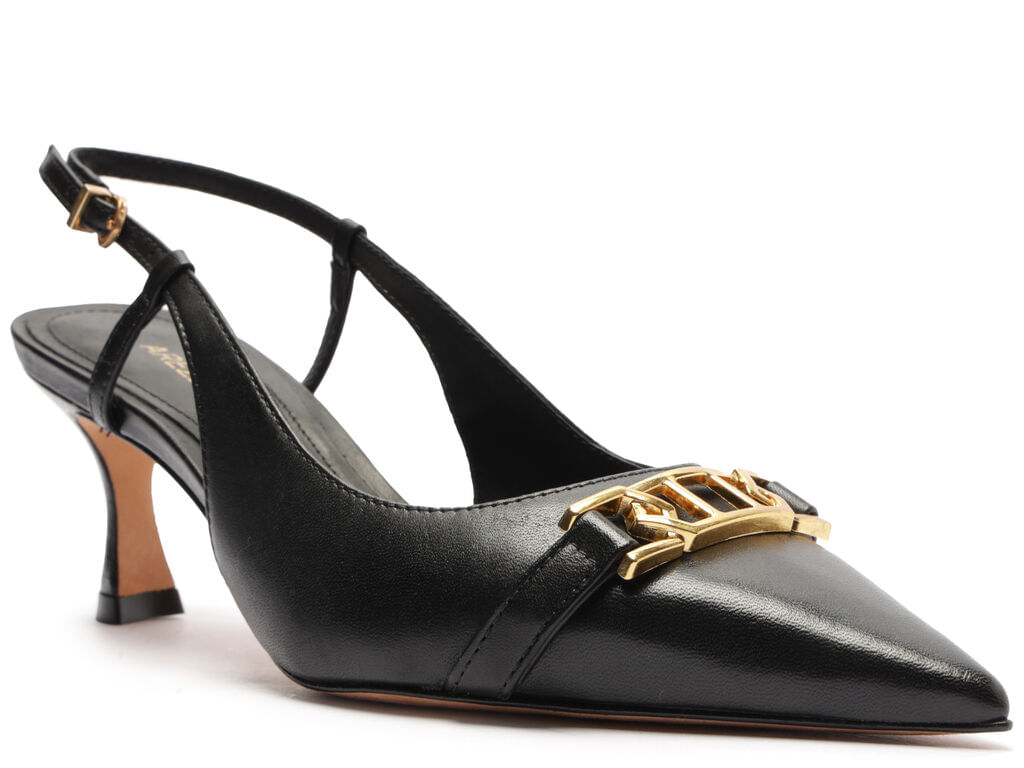 Scarpin Preto Couro Bico Fino Slingback Metal 13101 Arezzo