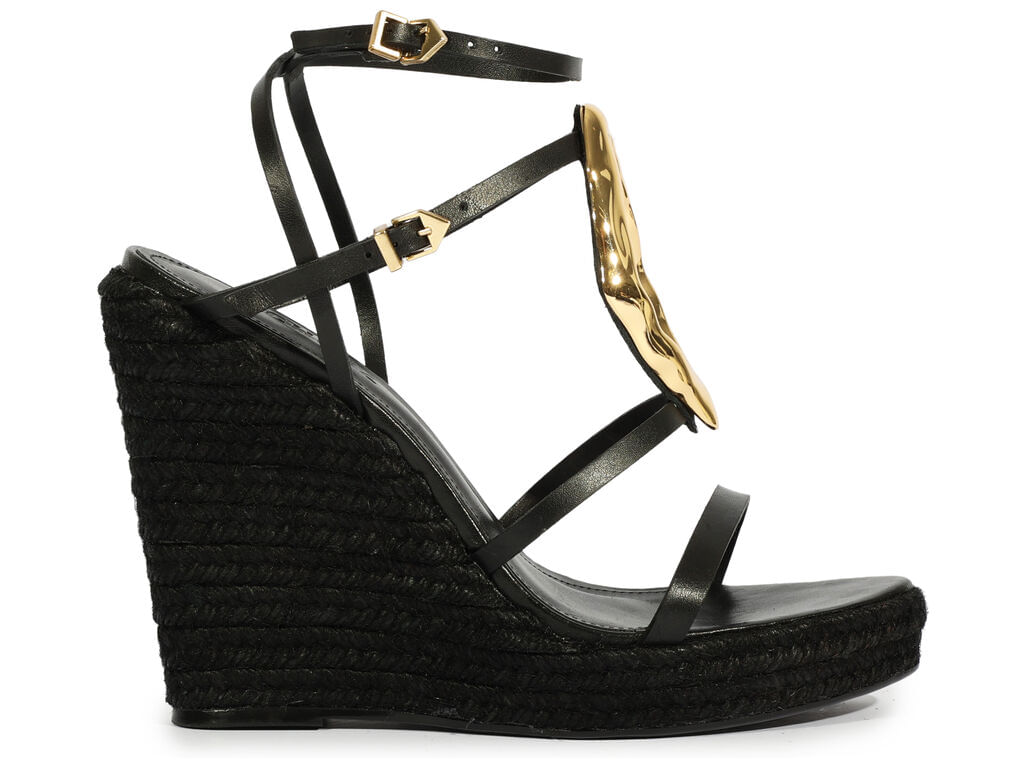 sandalia schutz anabela preta detalhe dourado 01599-1