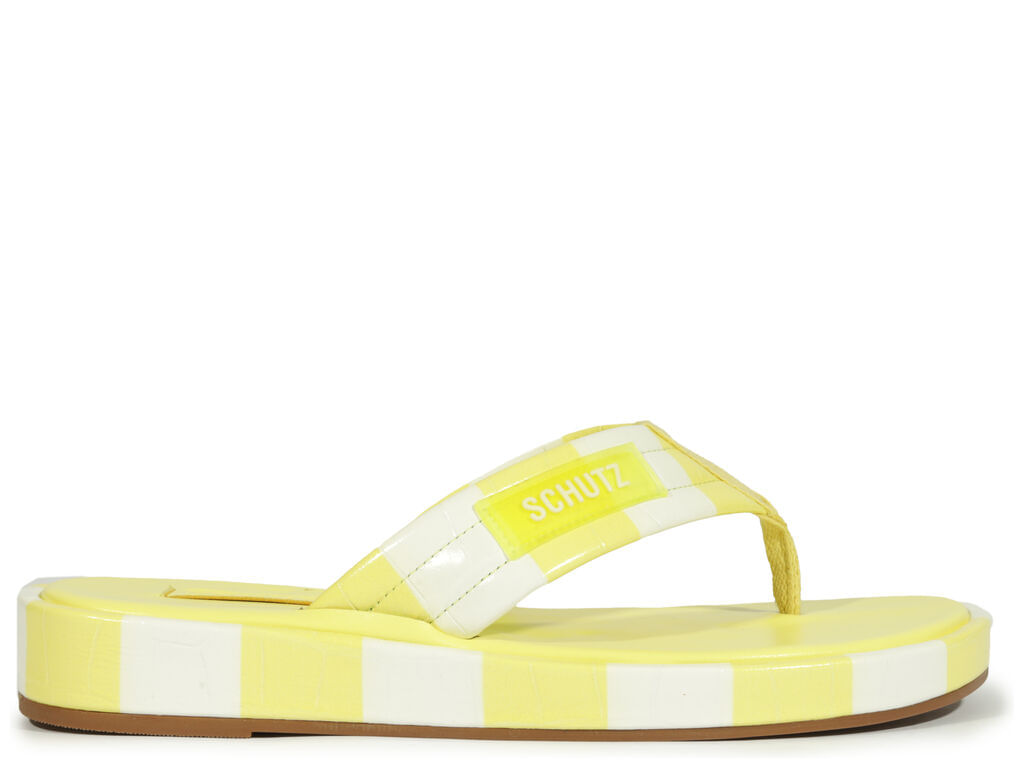 chinelo schutz couro croco listras amarelo neon tiras espuma extra 22129-1
