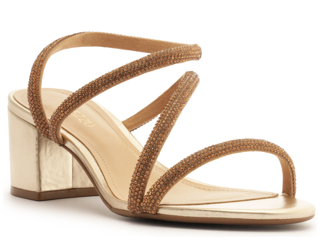 sandalia arezzo dourada strass salto bloco tira curva 10055-2