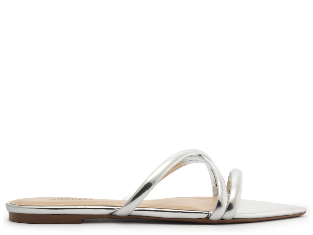 sandalia arezzo rasteira prateada flat tiras bico folha-1