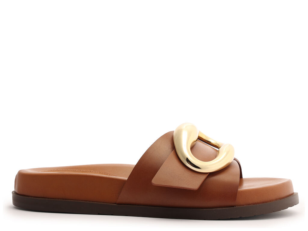 sandalia arezzo rasteira slide caramelo couro metal organico-1