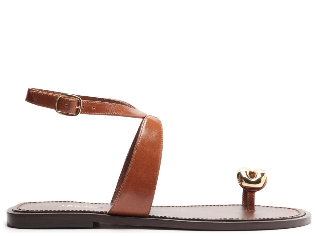 Imagem da variante: Sandália Arezzo Rasteira Caramelo Couro Metal Bold TOURINO LEA - WARM CARAME - 33