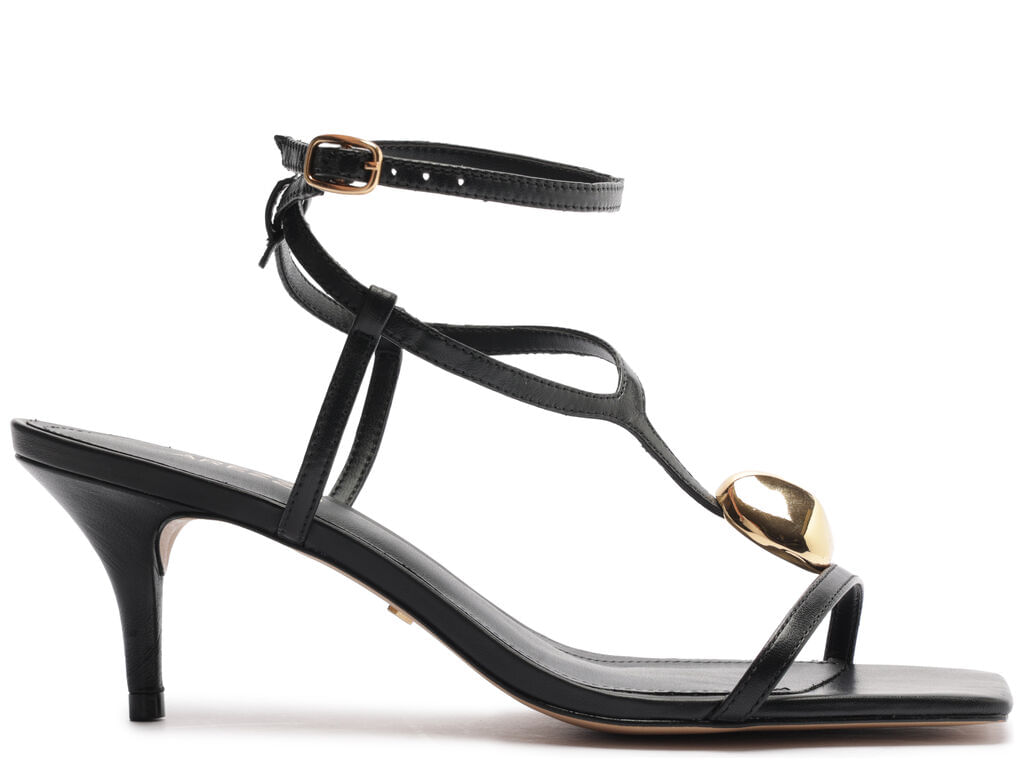 sandalia arezzo salto medio couro preto metal dourado-1