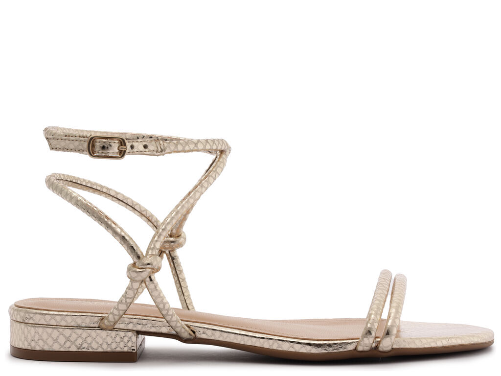 sandalia arezzo rasteira tiras knot dourada couro snake-1