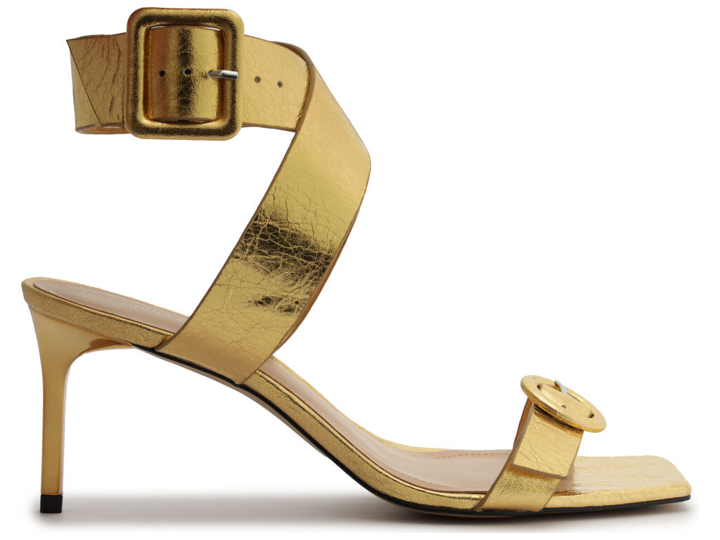 Imagem da variante: Sandália Arezzo Salto Fino Médio Couro Ouro Glitter Fivelas SHINE GLITT - OURO - 33