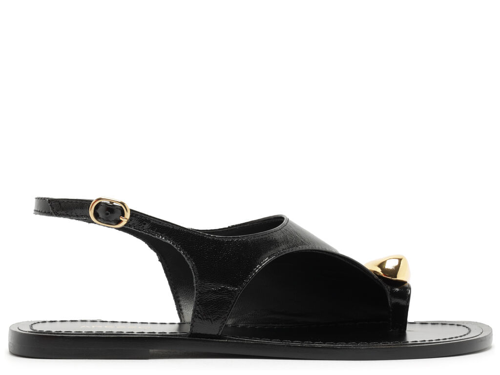 sandalia arezzo rasteira preta couro semi coberta metal bold-1