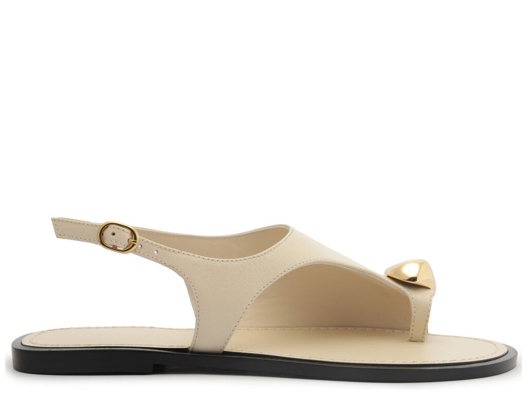 Imagem da variante: Sandália Arezzo Rasteira Off-White Couro Semi Coberta Metal Bold NAPPA VALEN - PANACOTA - 34