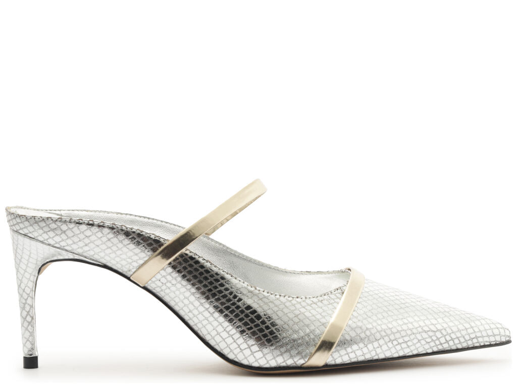 Imagem da variante: Mule Arezzo Prata Verniz Salto Fino Tiras Douradas ECO SERPENT - SILVER/PLAT - 33