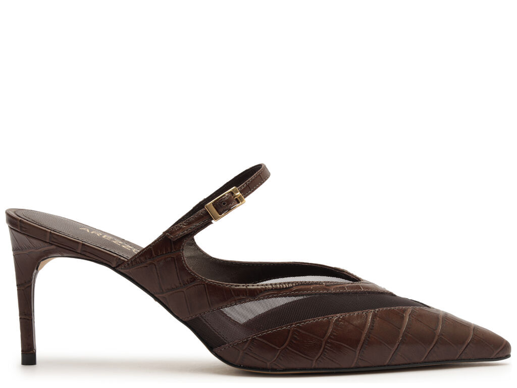 Imagem da variante: Mule Arezzo Marrom Croco Salto Médio Fino Tela ECO NEW WES - GRAPE BROWN - 34