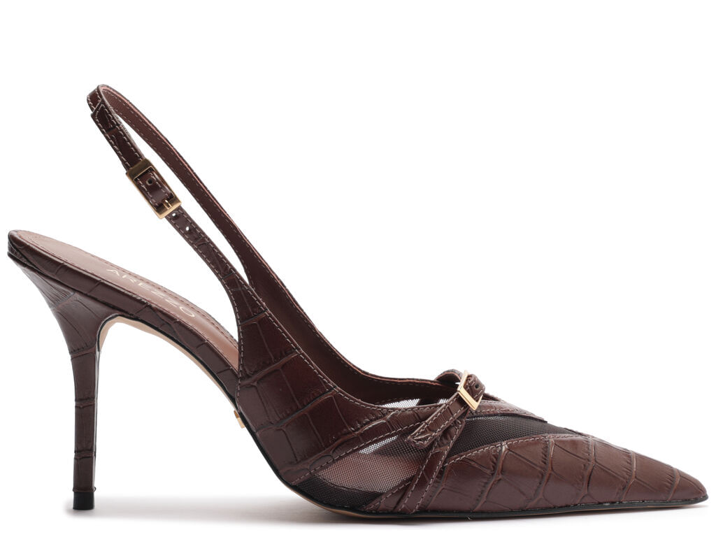 Imagem da variante: Scarpin Arezzo Marrom Croco Salto Alto Slingback Tela ECO NEW WES - GRAPE BROWN - 34