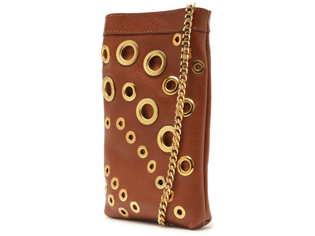 bolsa arezzo tiracolo couro caramelo ilhos dourados pequena-2