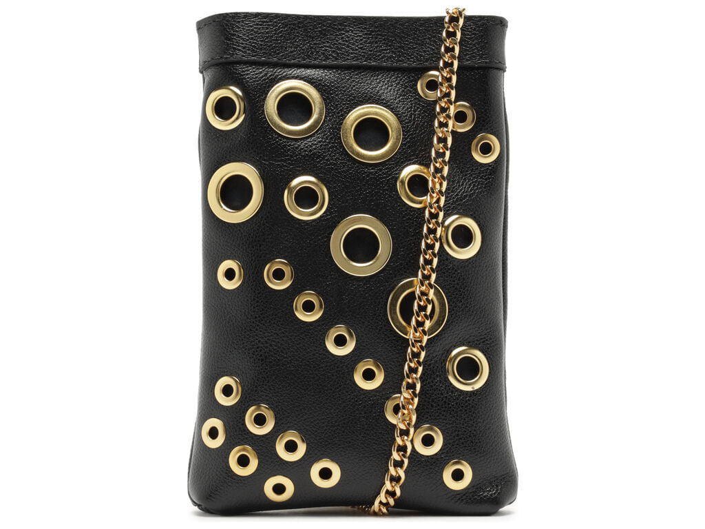 bolsa arezzo tiracolo couro preto ilhos dourados pequena-1