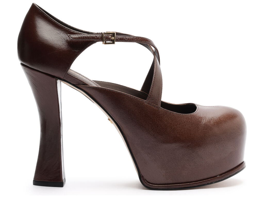 Imagem da variante: Scarpin Arezzo Marrom Couro Salto Alto Meia Pata CASEINA FAF - HOT CACAU - 34