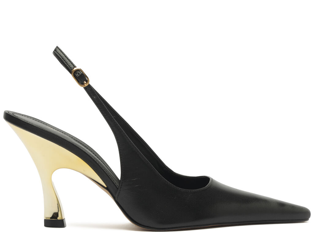 scarpin arezzo couro preto slingback salto dourado-1