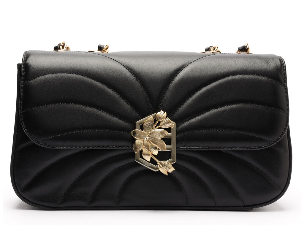 Imagem da variante: Bolsa Arezzo Tiracolo Preta Couro Média Metal Flor VEG OIL - PRETO - UN