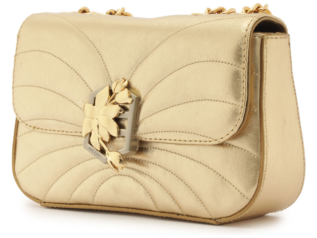 bolsa arezzo tiracolo dourada couro pequena metal flor-2