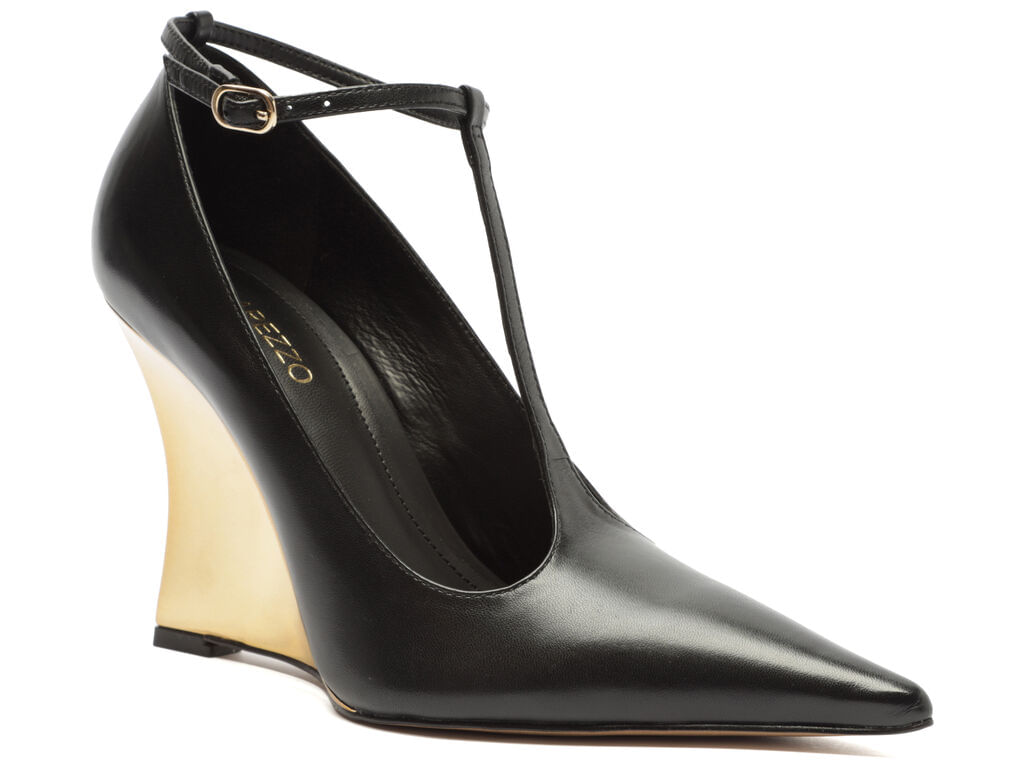 scarpin arezzo couro preto salto anabela dourado tira t-strap-2