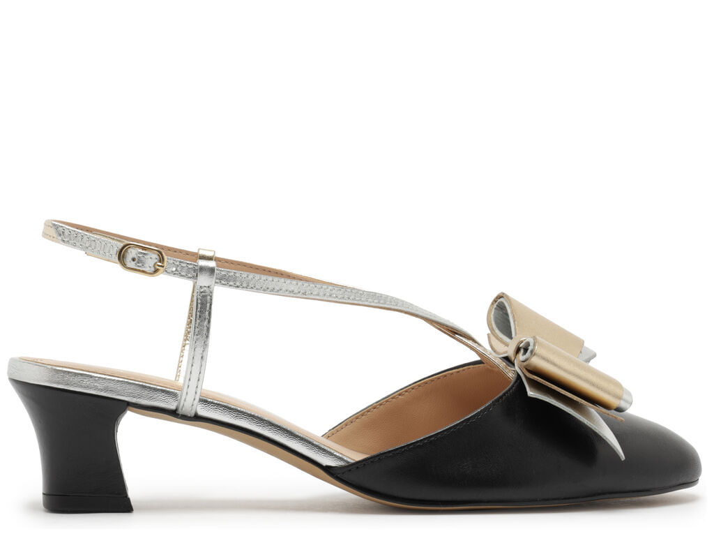Imagem da variante: Scarpin Arezzo Preto Couro Salto Baixo Slingback Laço LEATHER MET - SILVER/PLAT - 34