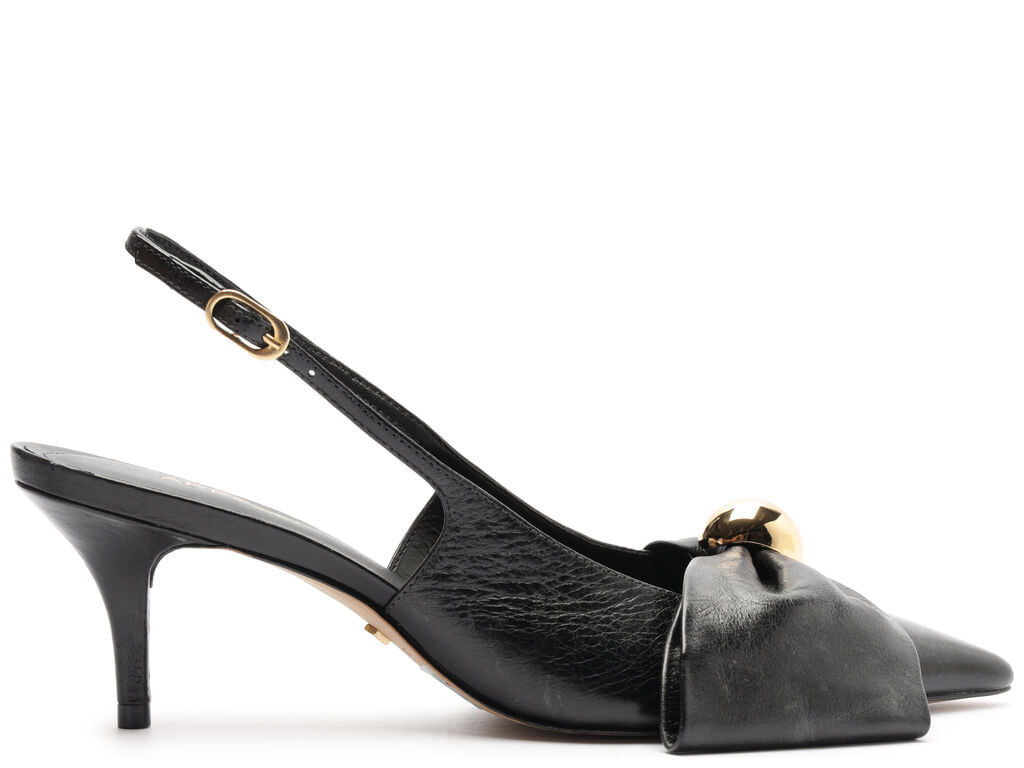 Imagem da variante: Scarpin Arezzo Slingback Couro Preto Laço Detalhe Dourado TOURINO LEA - PRETO - 34