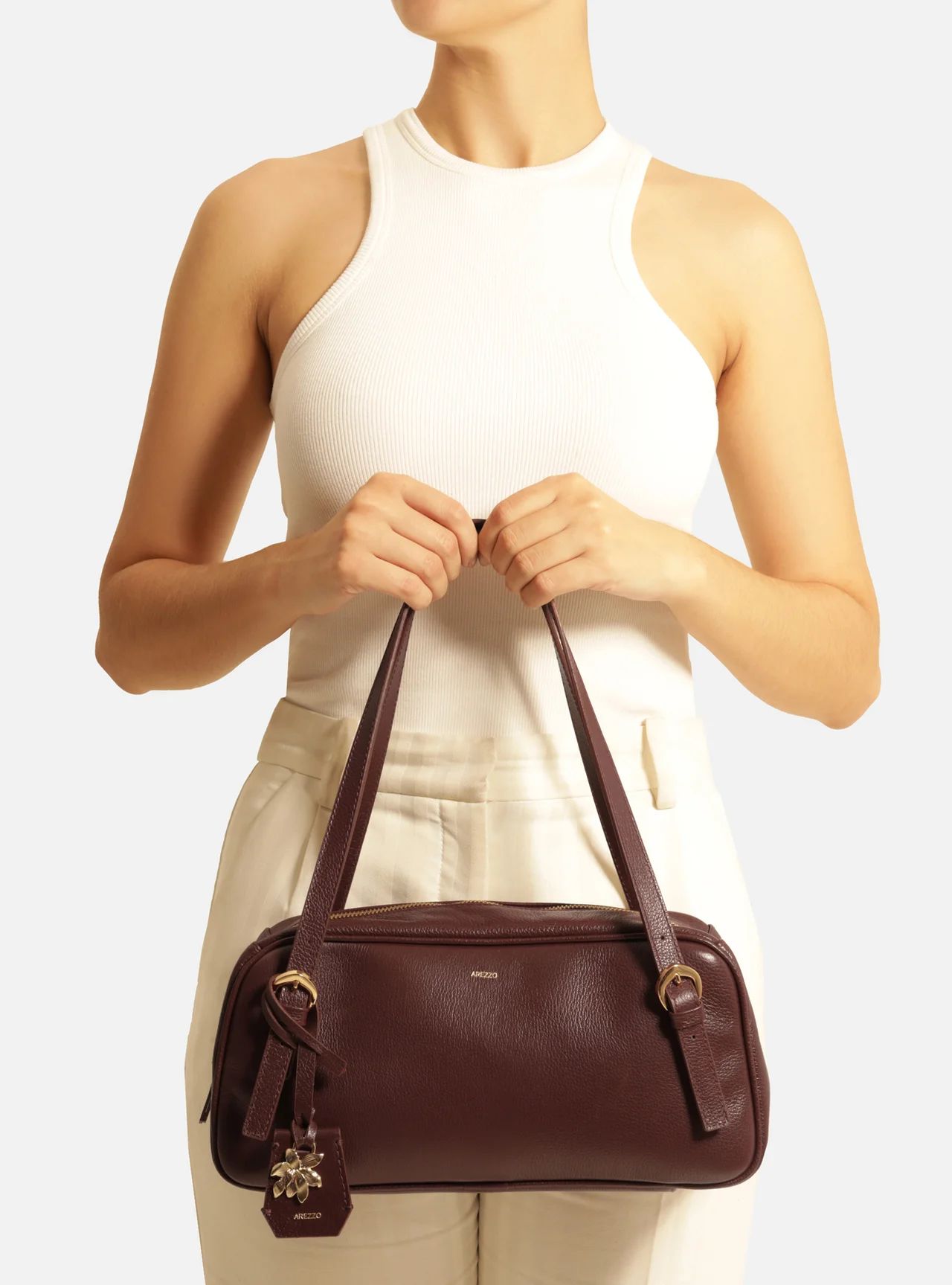 bolsa arezzo bowling vinho couro media metal flor-2