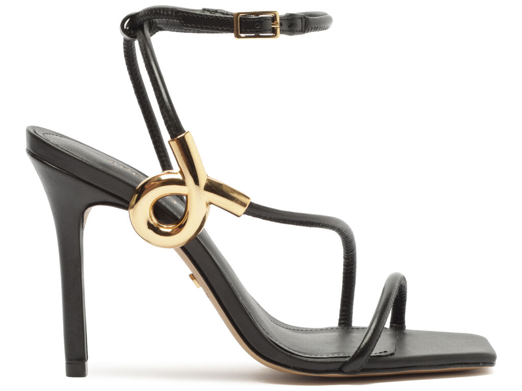 sandalia arezzo preta salto alto fino tiras metal dourado-1
