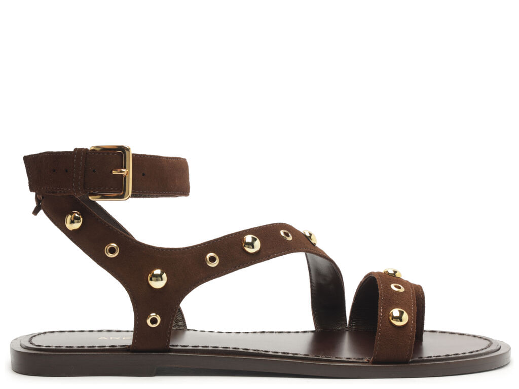 sandalia arezzo rasteira camurca marrom tachas douradas-1