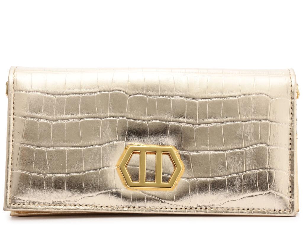 bolsa arezzo clutch dourada couro croco pequena metal-1