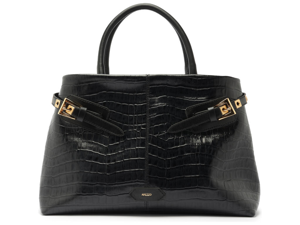 bolsa arezzo tote preta couro croco grande fivelas-1