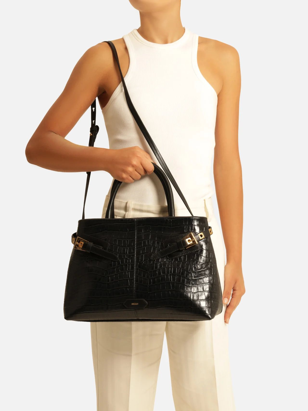 bolsa arezzo tote preta couro croco grande fivelas-2