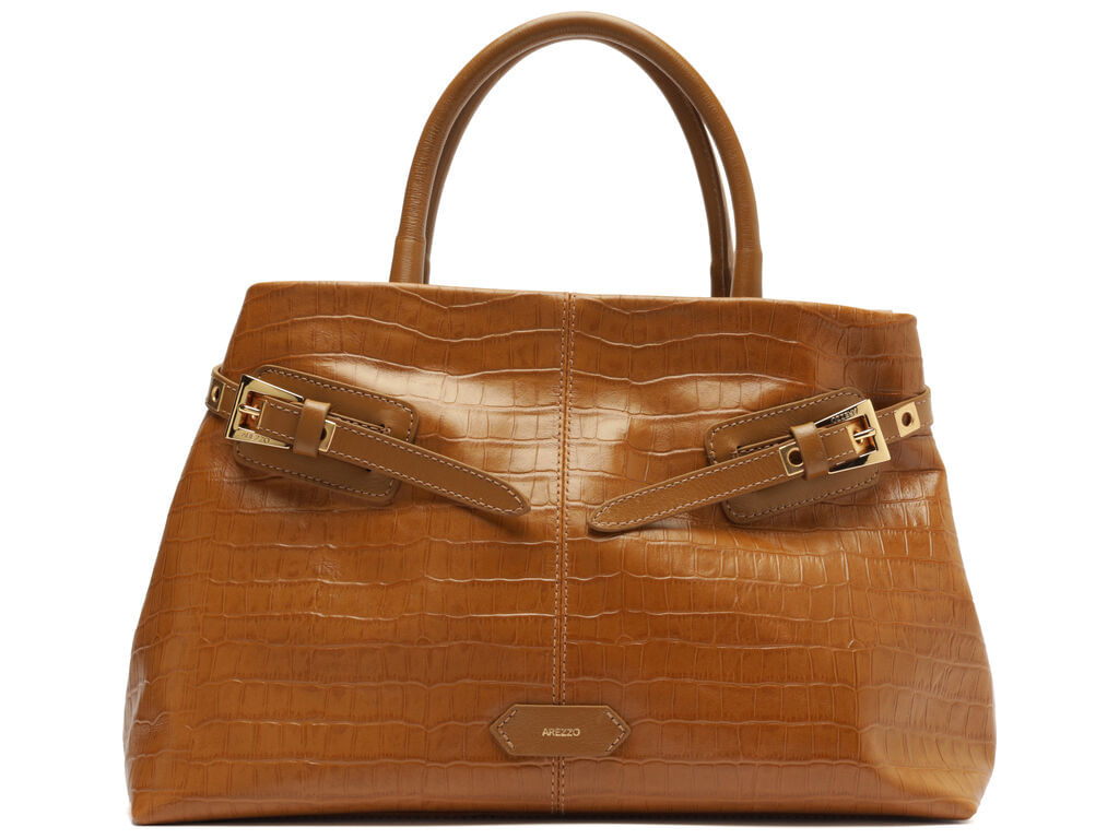 bolsa arezzo tote caramelo couro croco grande fivelas-1