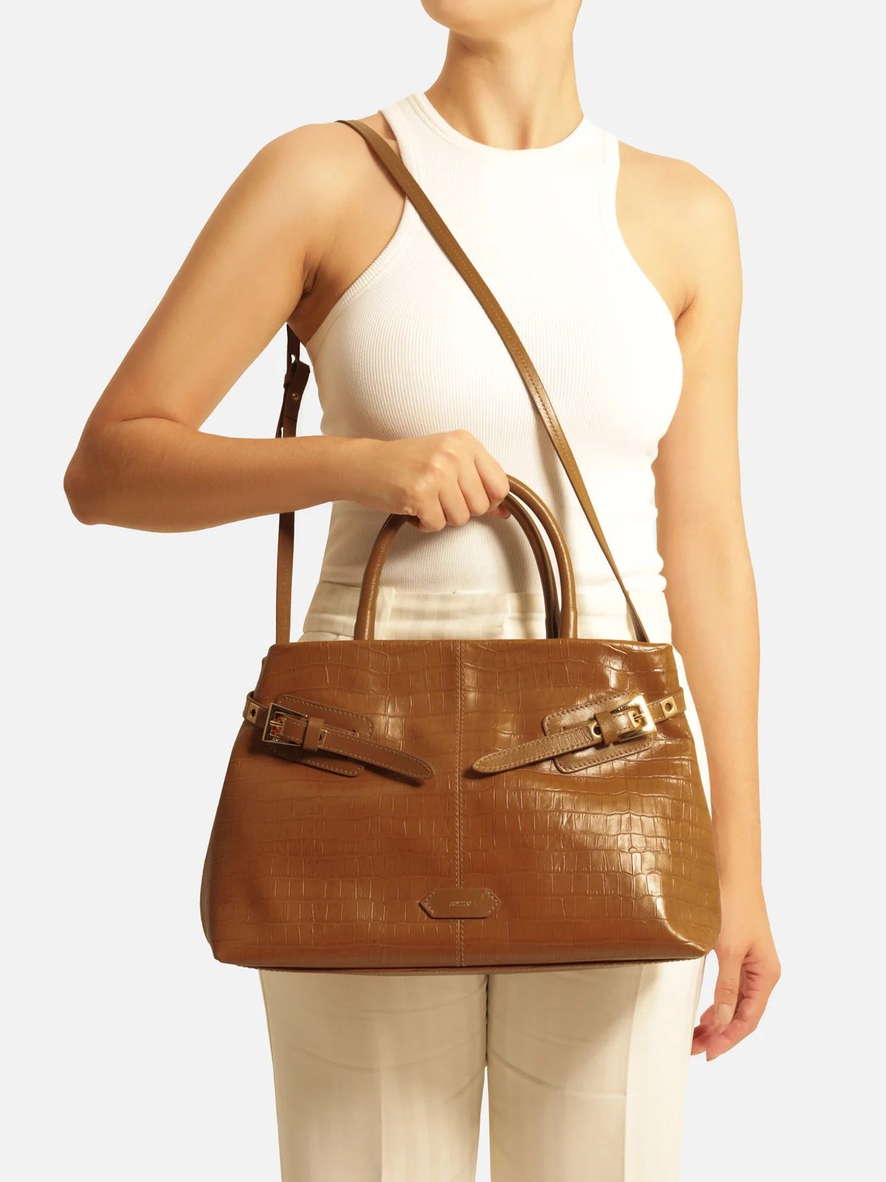 bolsa arezzo tote caramelo couro croco grande fivelas-2