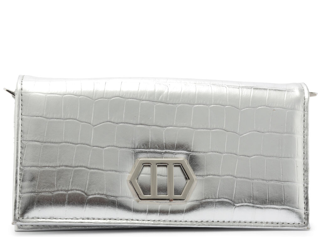 bolsa arezzo clutch prata couro croco pequena metal-1